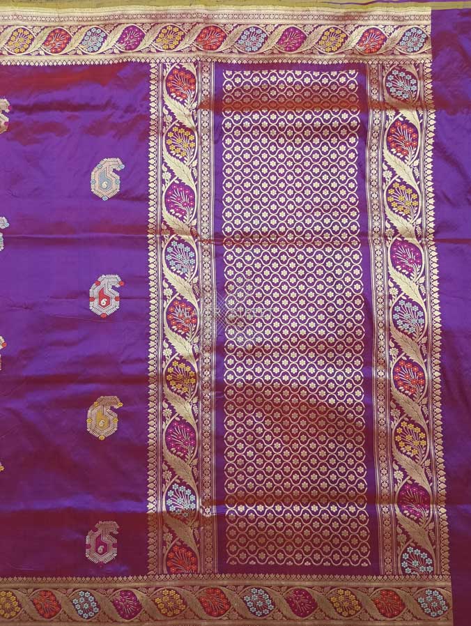 Red Purple Katan Silk Handwoven Banarasi saree with meenedar paisley buta 1 main