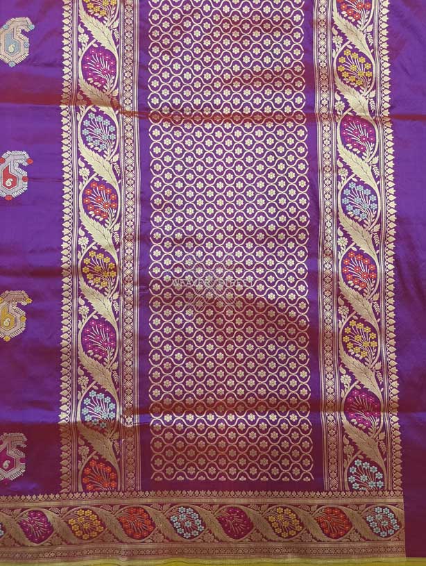 Red Purple Katan Silk Handwoven Banarasi saree with meenedar paisley buta 2 pallu