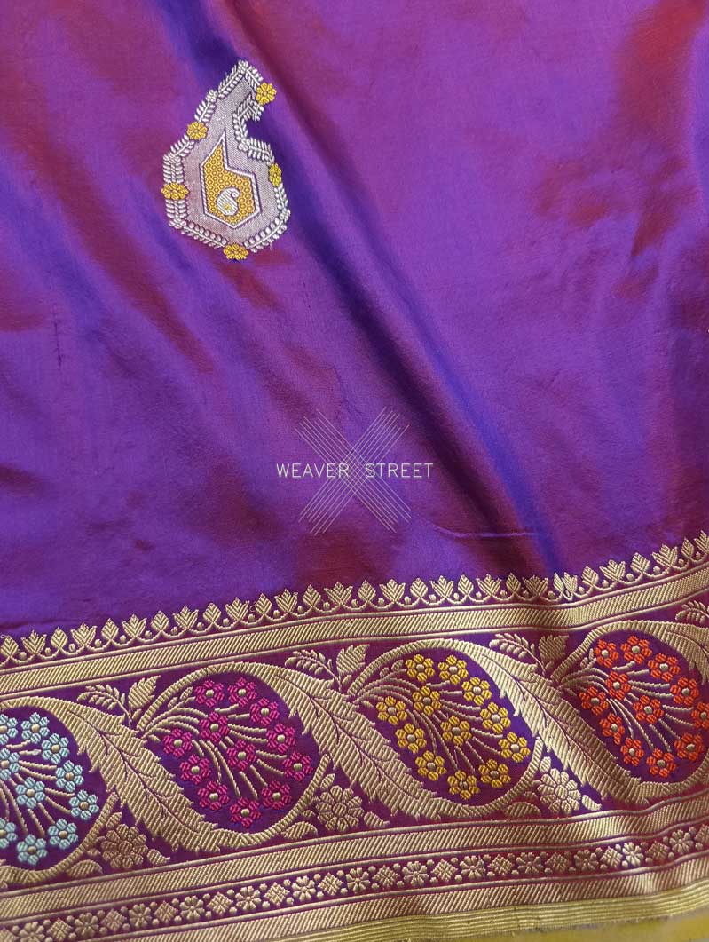 Red Purple Katan Silk Handwoven Banarasi saree with meenedar paisley buta 3 closeup