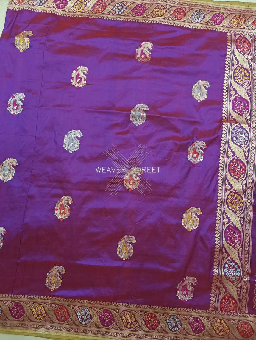 Red Purple Katan Silk Handwoven Banarasi saree with meenedar paisley buta 4 center