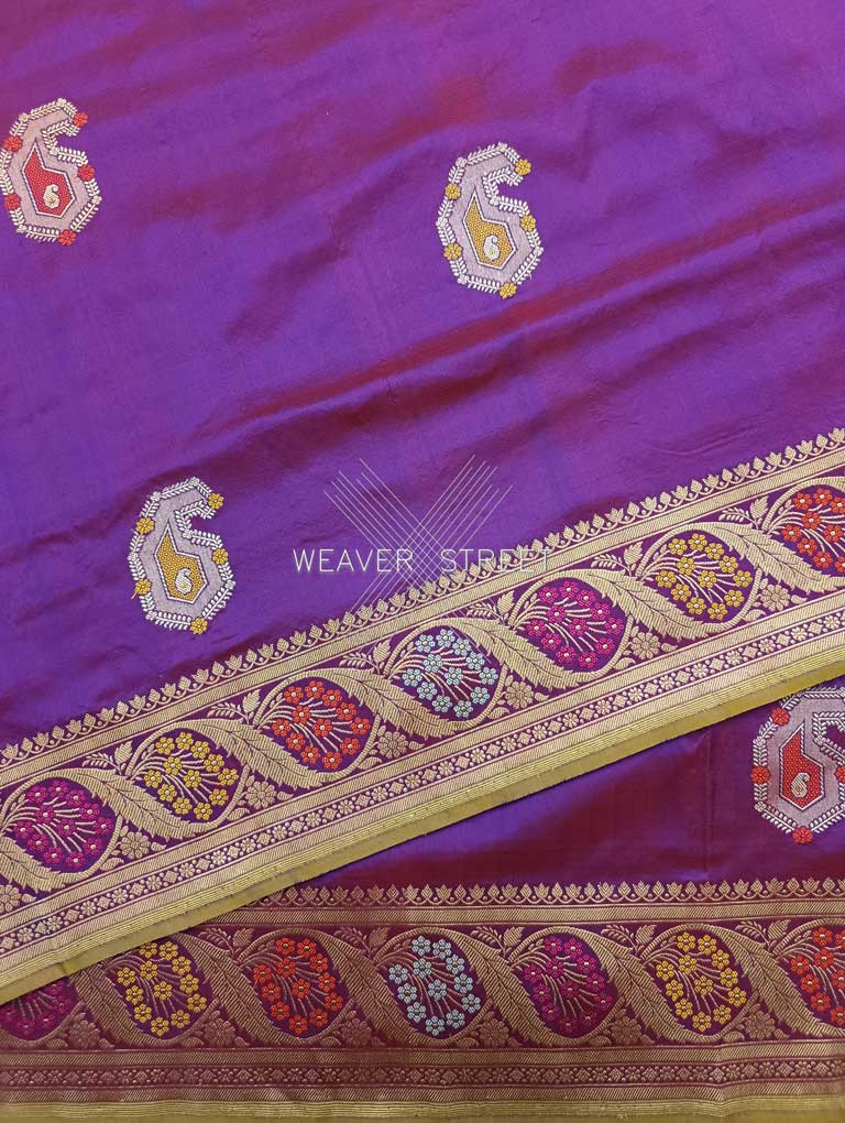 Red Purple Katan Silk Handwoven Banarasi saree with meenedar paisley buta 5 details