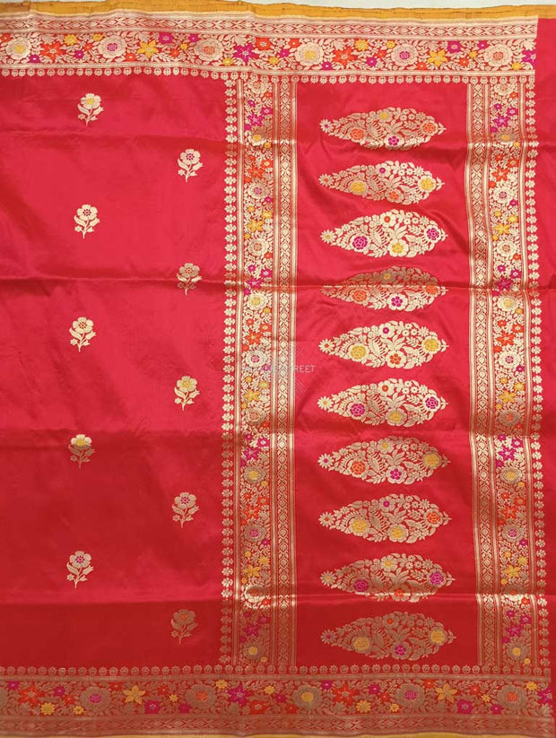Red katan silk Handwoven Banarasi saree with alfi meenedar flower buta 1 main