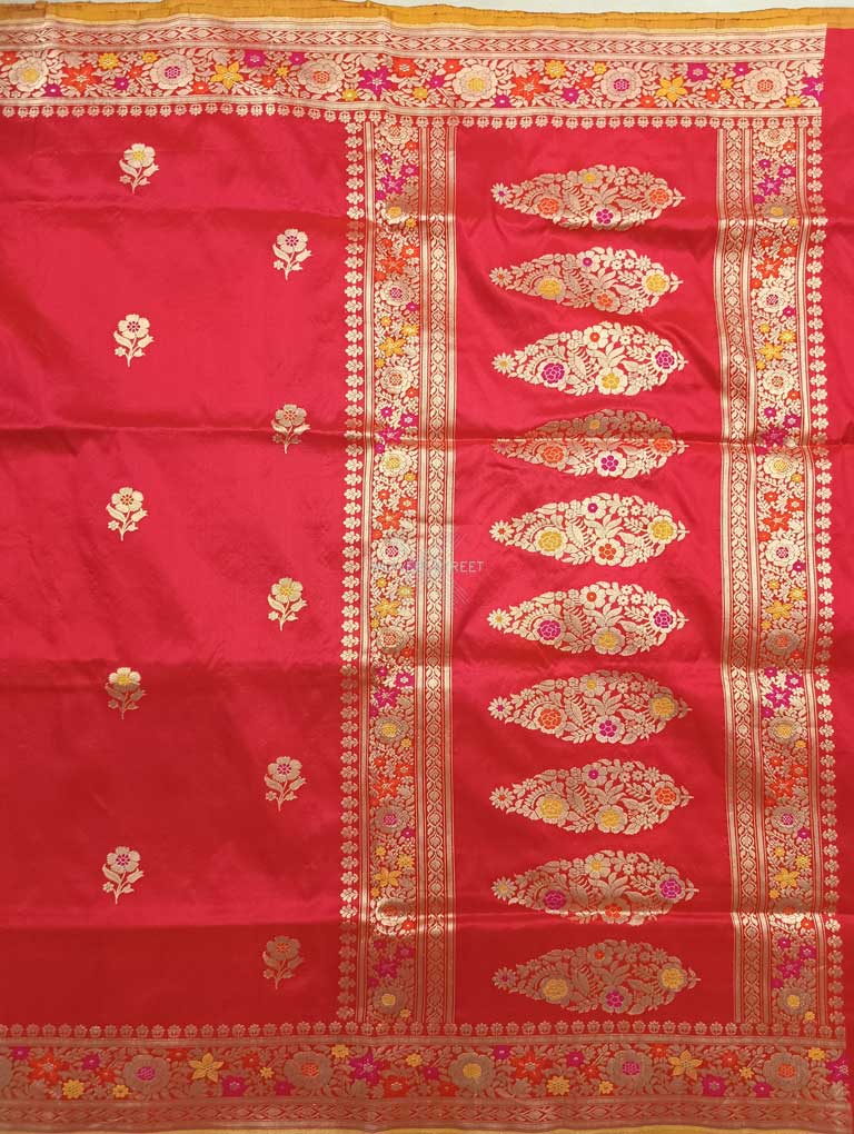 Red katan silk Handwoven Banarasi saree with alfi meenedar flower buta 1 main