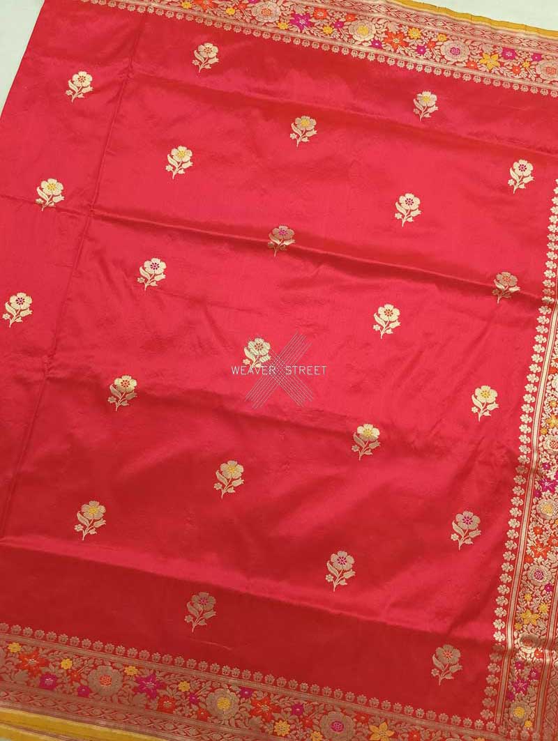 Red katan silk Handwoven Banarasi saree with alfi meenedar flower buta 4 center