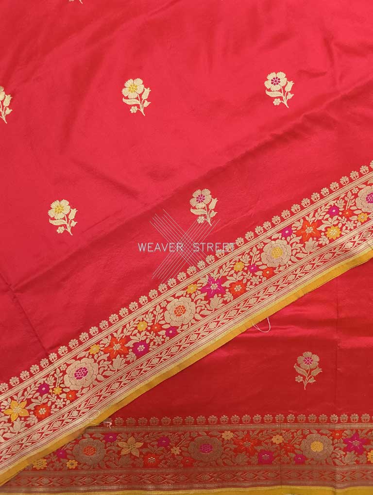 Red katan silk Handwoven Banarasi saree with alfi meenedar flower buta 5 details