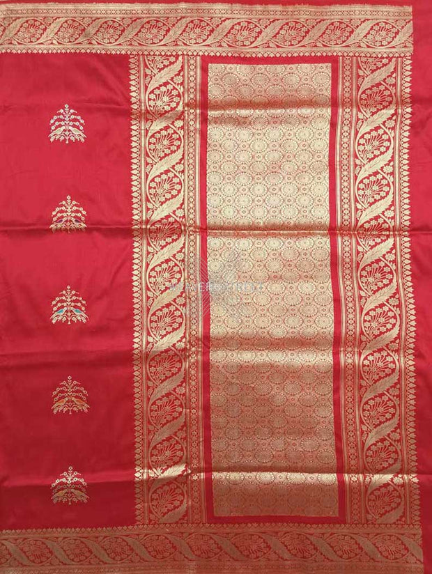 Red katan silk Handwoven Banarasi saree with tilfi meenedar bird pair buta 1 main