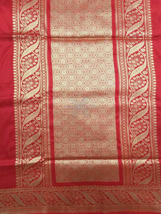 Red katan silk Handwoven Banarasi saree with tilfi meenedar bird pair buta 2 pallu
