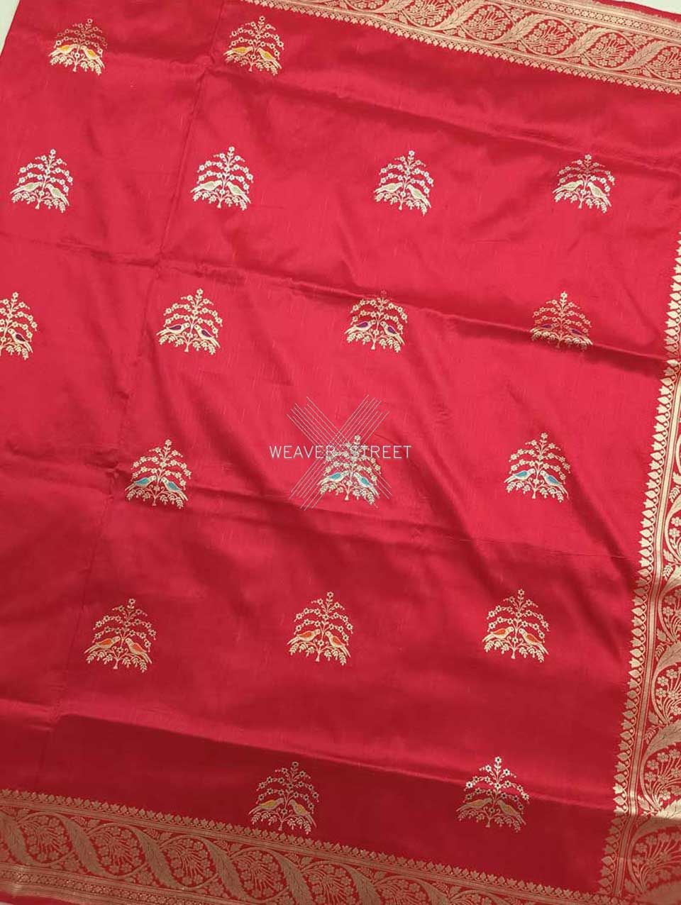 Red katan silk Handwoven Banarasi saree with tilfi meenedar bird pair buta 4 center