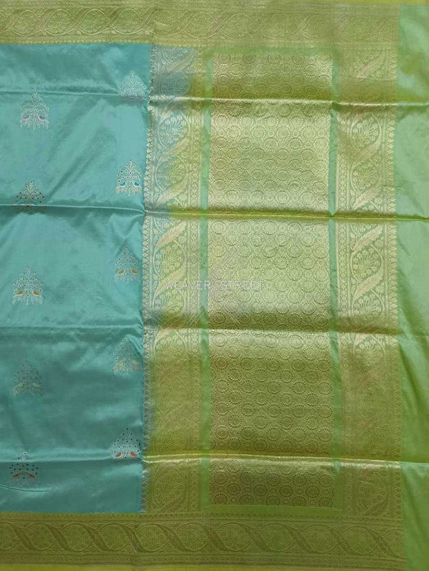 Sea Green katan silk Handwoven Banarasi saree with tilfi meenedar bird pair buta 1 main