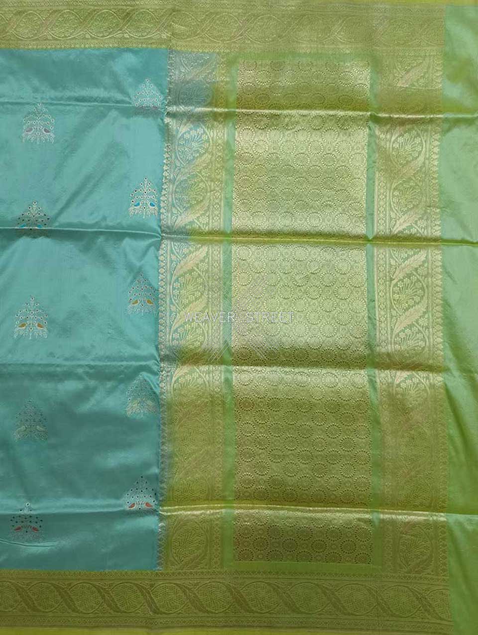 Sea Green katan silk Handwoven Banarasi saree with tilfi meenedar bird pair buta 1 main