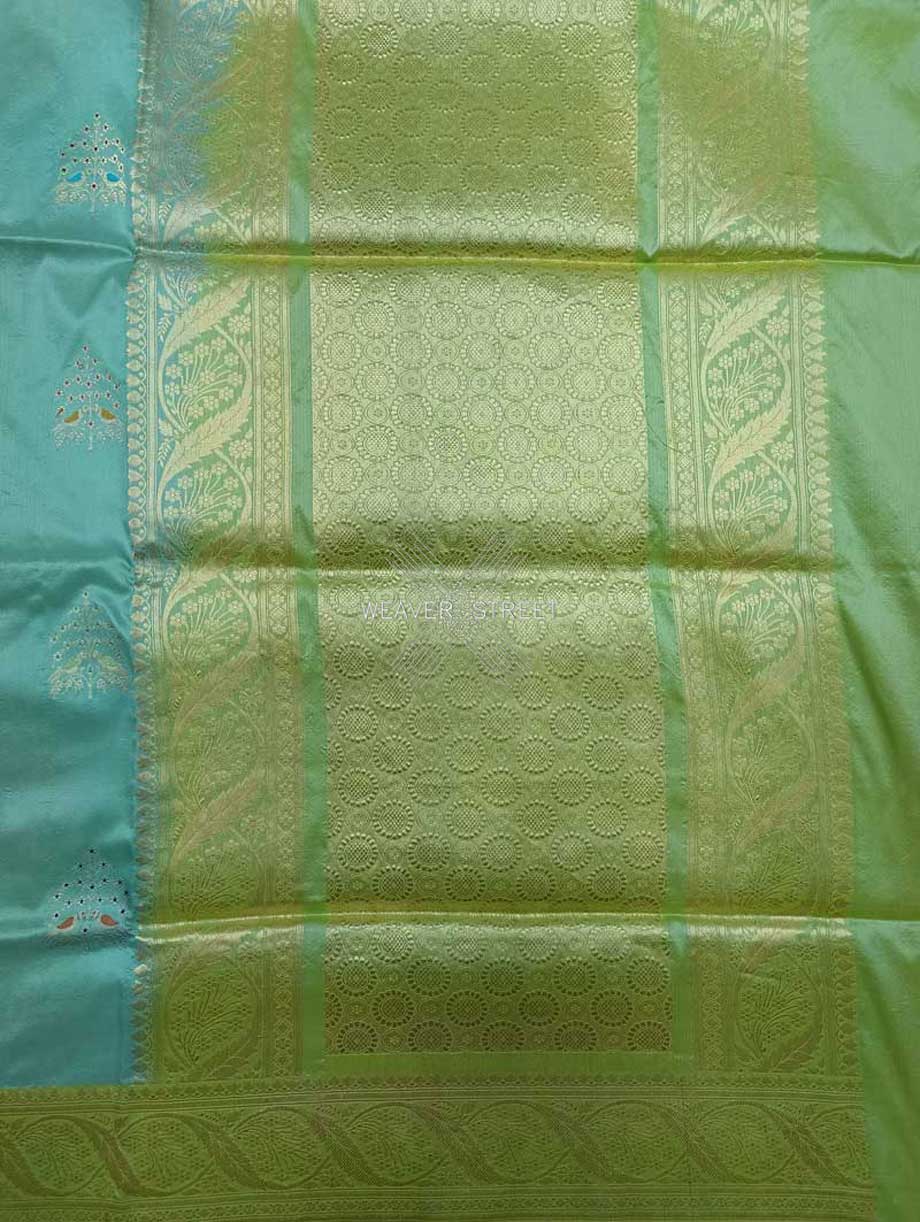 Sea Green katan silk Handwoven Banarasi saree with tilfi meenedar bird pair buta 2 pallu