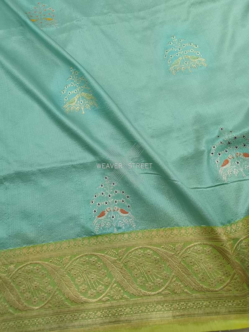 Sea Green katan silk Handwoven Banarasi saree with tilfi meenedar bird pair buta 3 closeup