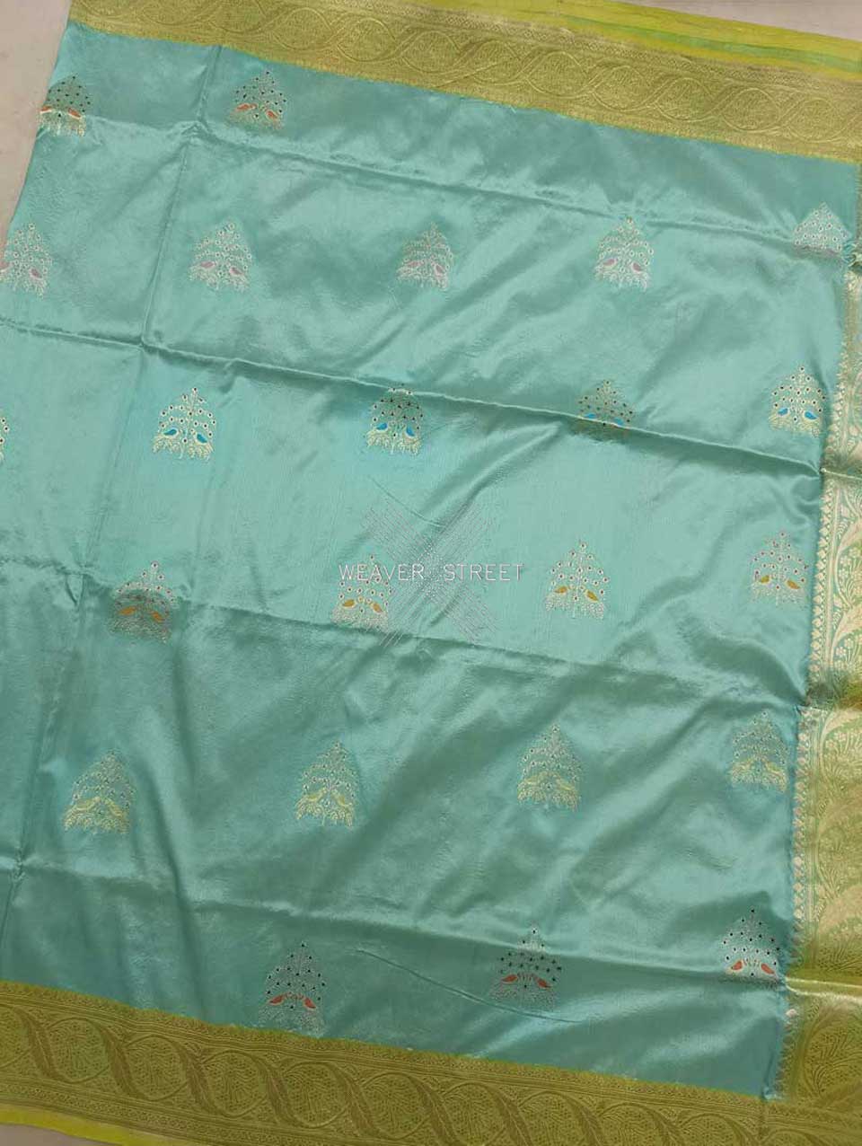 Sea Green katan silk Handwoven Banarasi saree with tilfi meenedar bird pair buta 4 center