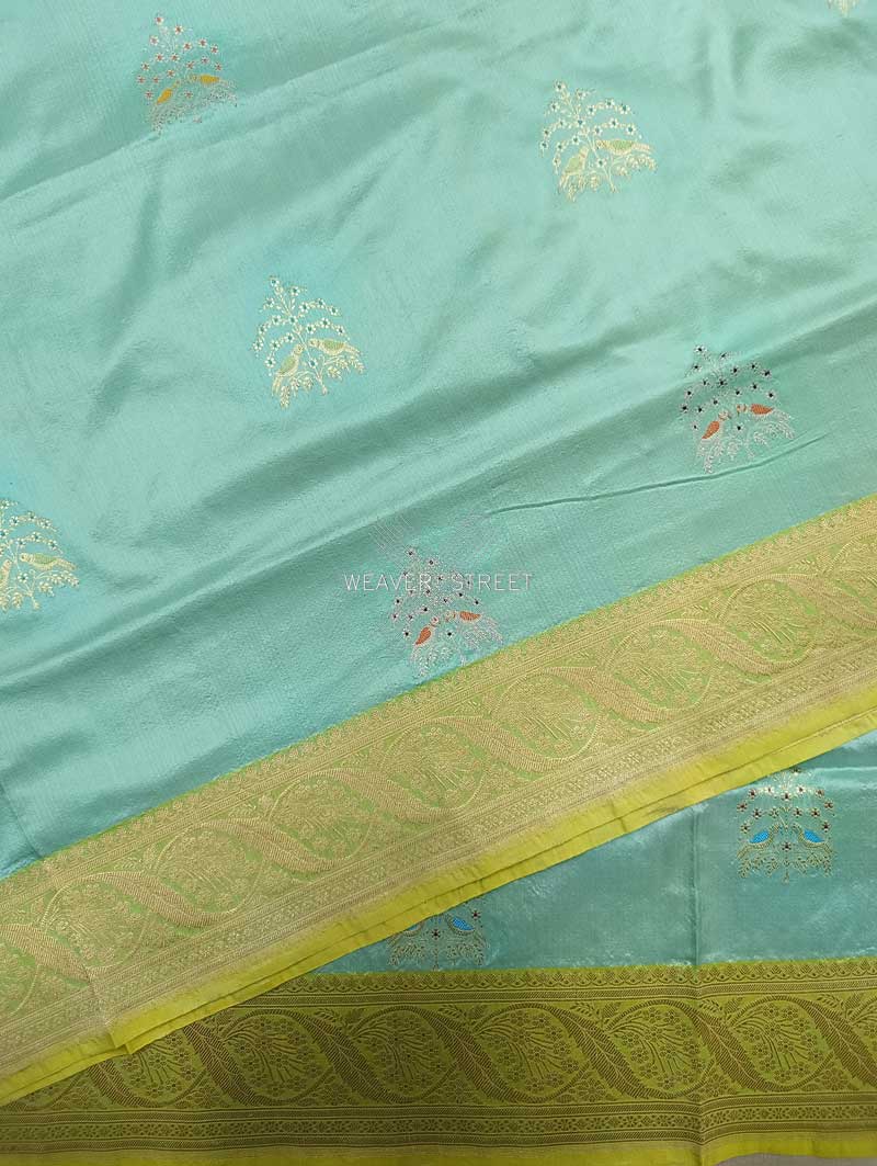 Sea Green katan silk Handwoven Banarasi saree with tilfi meenedar bird pair buta 5 details