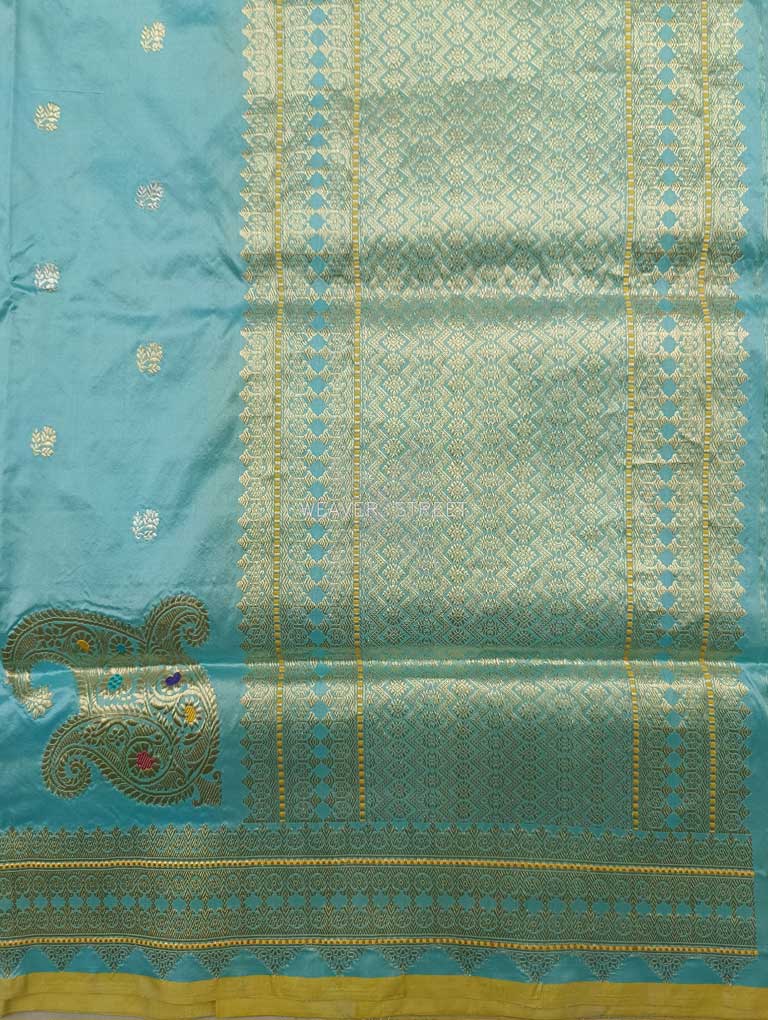 Sea green Katan Silk Handwoven Banarasi saree with small flower kadhwa buti 2 pallu