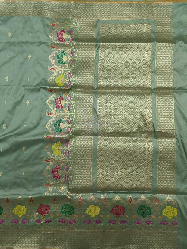 Tea green Katan Silk Handwoven Banarasi saree with tilfi meenedar kadhwa flower border 1 main