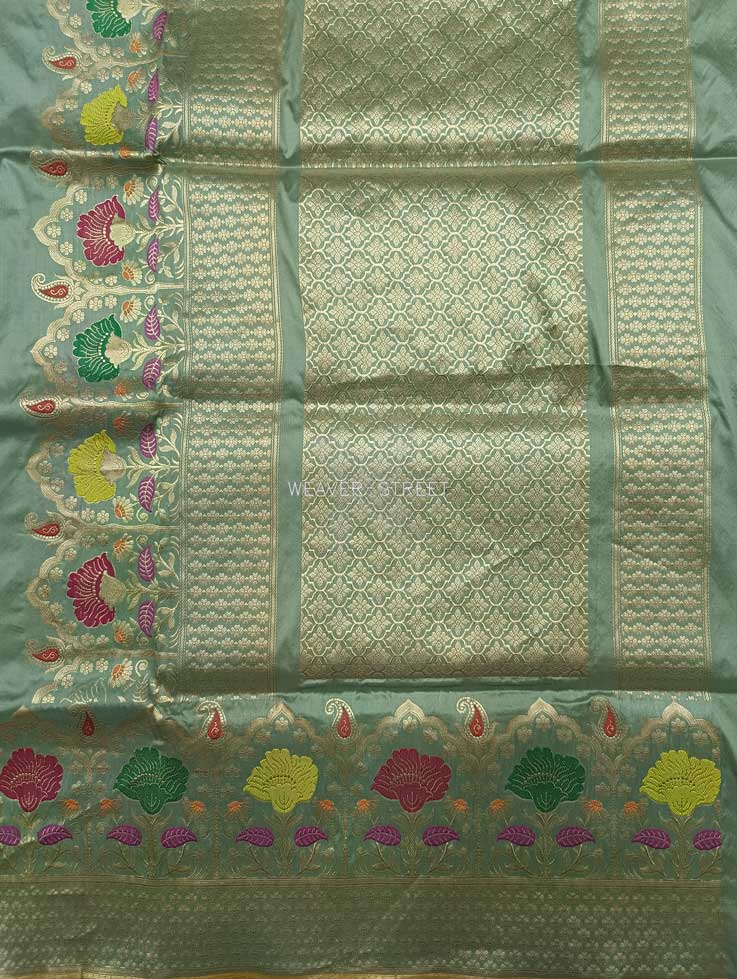 Tea green Katan Silk Handwoven Banarasi saree with tilfi meenedar kadhwa flower border 2 pallu