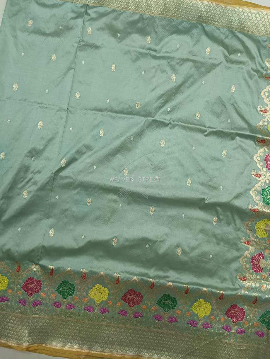 Tea green Katan Silk Handwoven Banarasi saree with tilfi meenedar kadhwa flower border 4 center