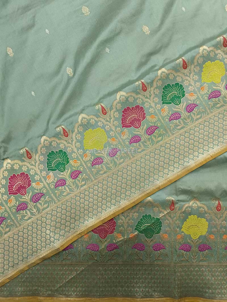 Tea green Katan Silk Handwoven Banarasi saree with tilfi meenedar kadhwa flower border 5 details