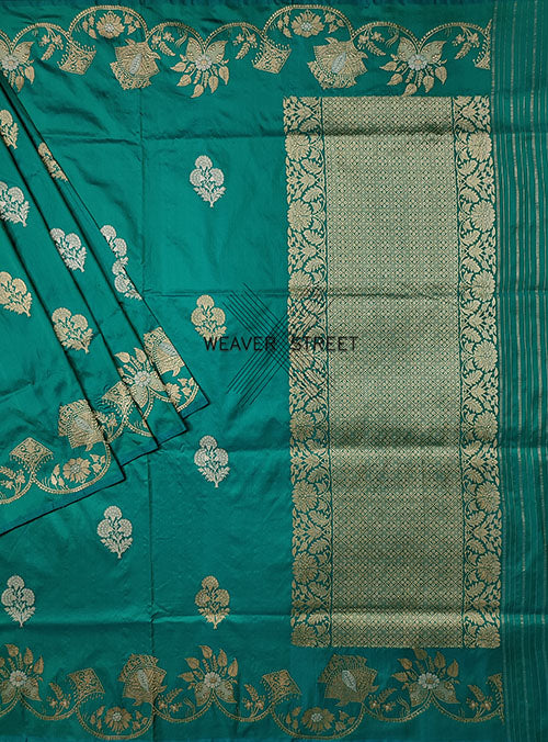 Teal Green Katan Silk Handwoven Banarasi saree with Marigold flower buta (1) main