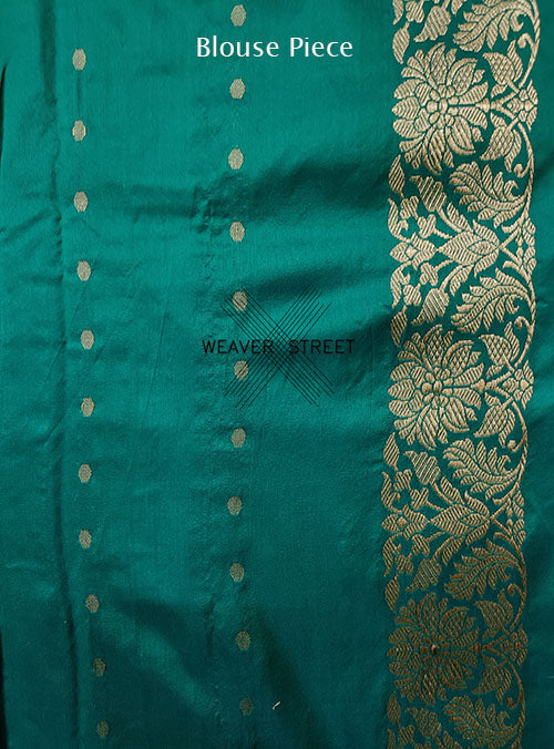 Teal Green Katan Silk Handwoven Banarasi saree with Marigold flower buta (6) blouse