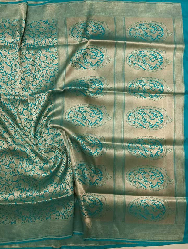 Teal Katan Silk Handwoven Banarasi saree with Shikargah Jaal 1 main