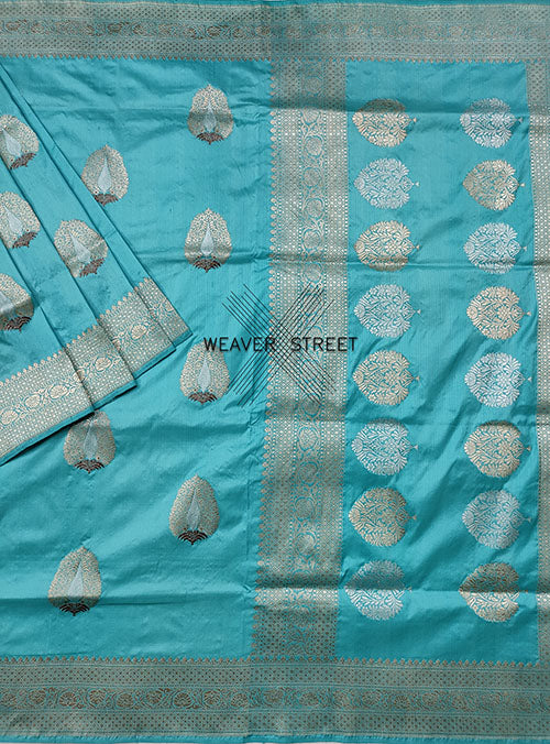 Turquoise Katan silk Handwoven Banarasi saree with tilfi Stylized buta (1) main