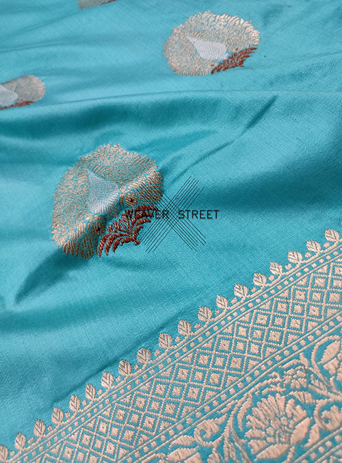 Turquoise Katan silk Handwoven Banarasi saree with tilfi Stylized buta (2) detail
