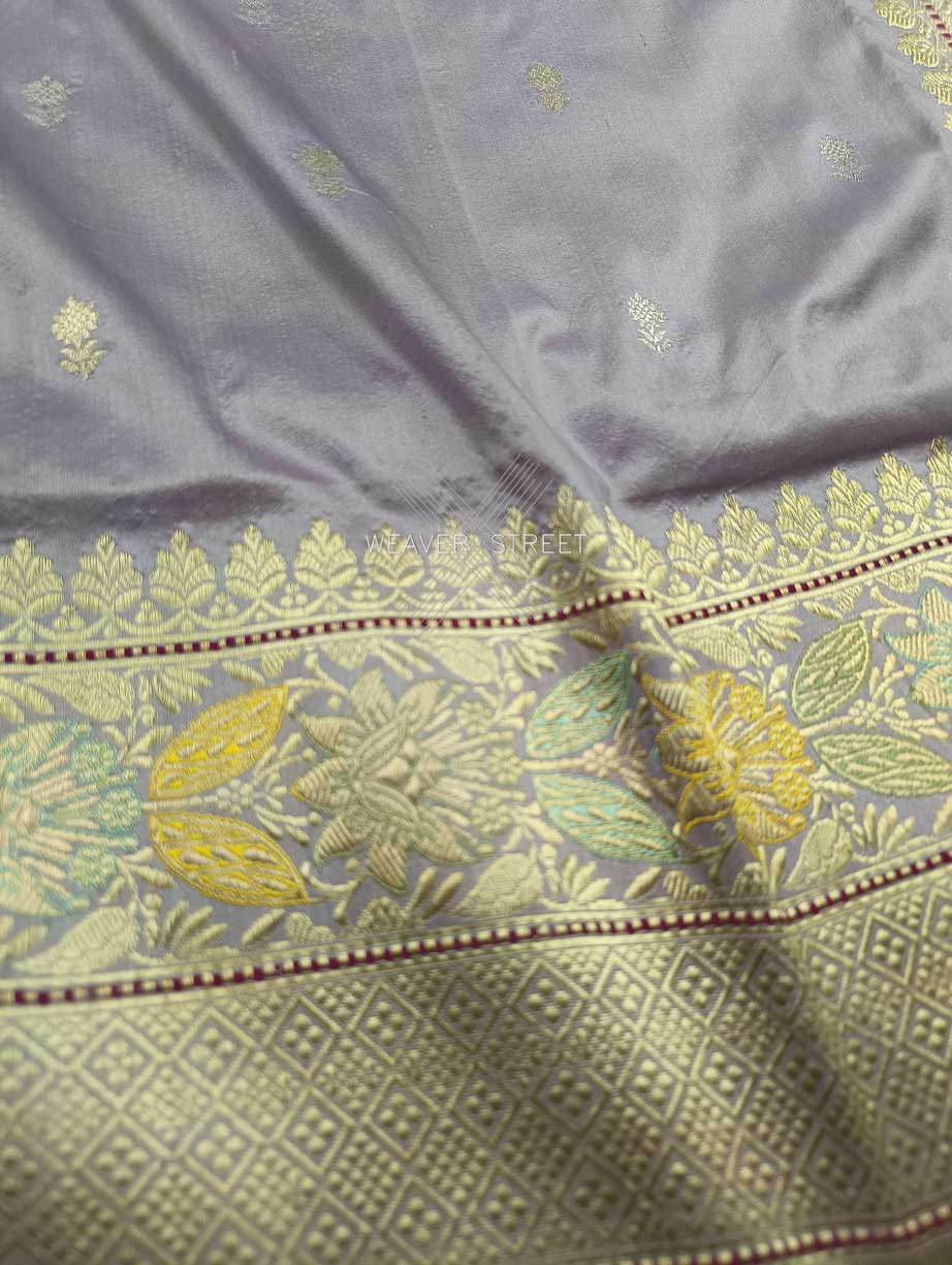Violet Tulip Katan Silk Handwoven Banarasi saree with small flower kadhwa buti 3 closeup 