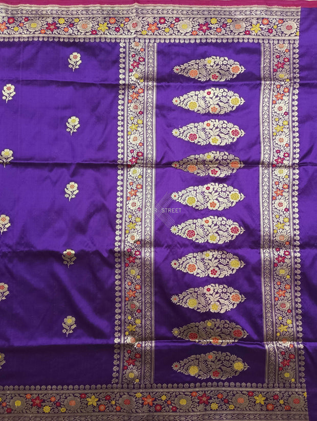 Violet katan silk Handwoven Banarasi saree with alfi meenedar flower buta 1 main