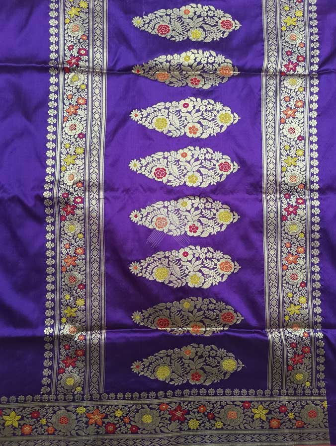 Violet katan silk Handwoven Banarasi saree with alfi meenedar flower buta 2 pallu