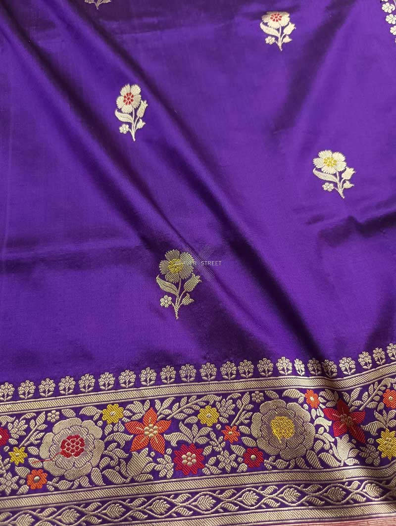Violet katan silk Handwoven Banarasi saree with alfi meenedar flower buta 3 closeup