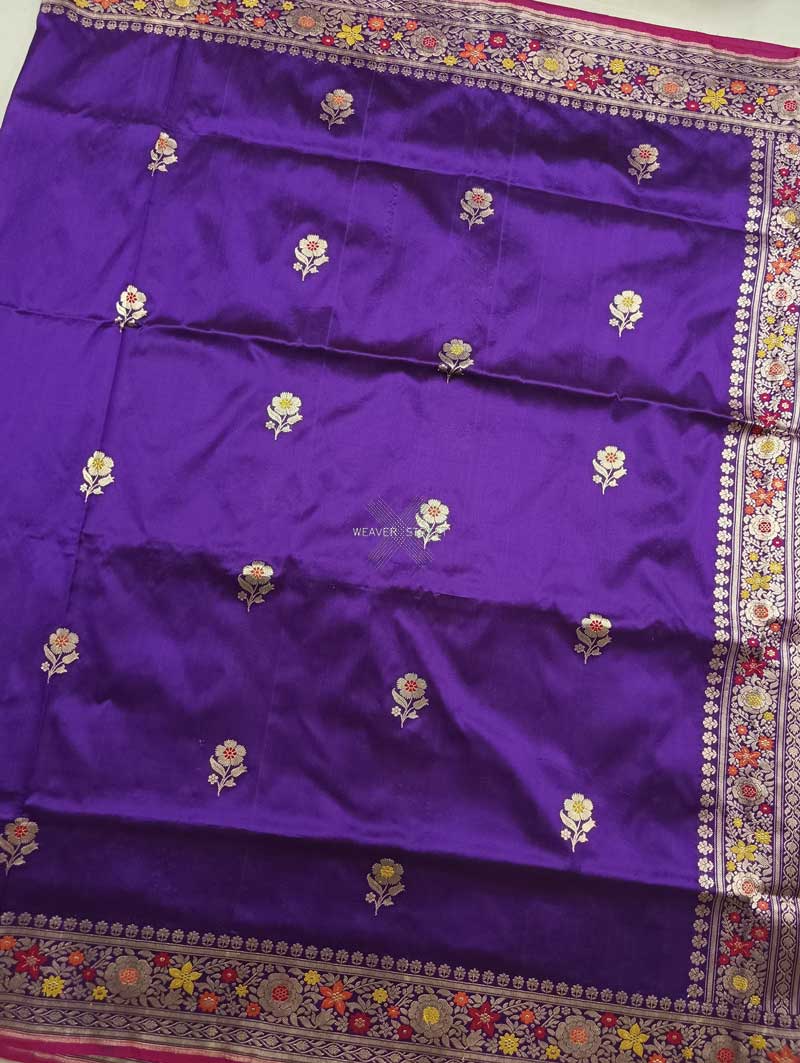 Violet katan silk Handwoven Banarasi saree with alfi meenedar flower buta 4 center