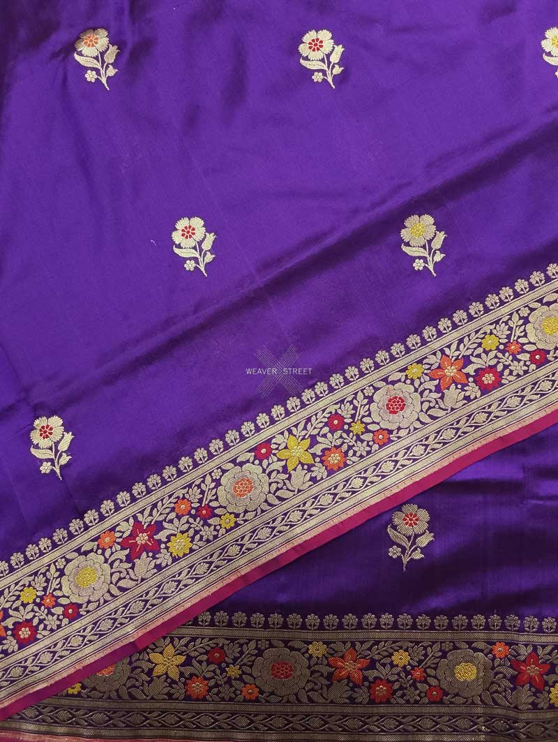 Violet katan silk Handwoven Banarasi saree with alfi meenedar flower buta 5 details