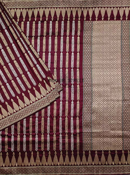 Wine Katan Silk Handwoven Banarasi Saree with Geometrical Stripes (1) main