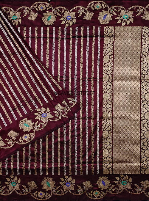 Wine Katan Silk Handwoven Banarasi saree with floral stripes (1) main