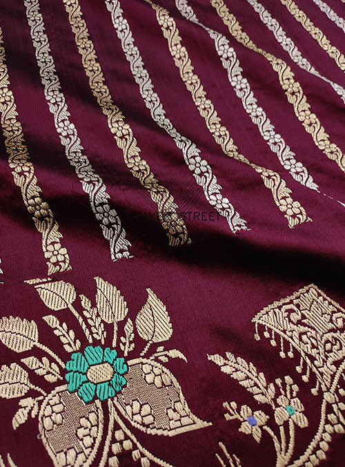Wine Katan Silk Handwoven Banarasi saree with floral stripes (2) detail