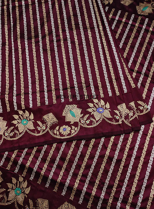 Wine Katan Silk Handwoven Banarasi saree with floral stripes (4) center