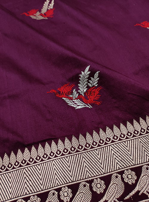 Wine Katan silk Handwoven Banarasi saree with meenedar Bird pair buti (2) detail