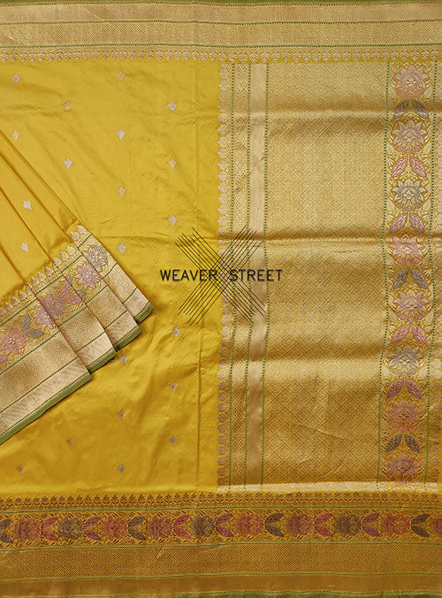 Yellow Katan Silk Handwoven Banarasi saree with mini flower buti (1) main