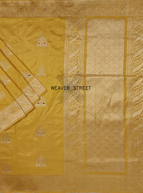 Yellow Katan silk Handwoven Banarasi saree with tilfi bird buta (1) main