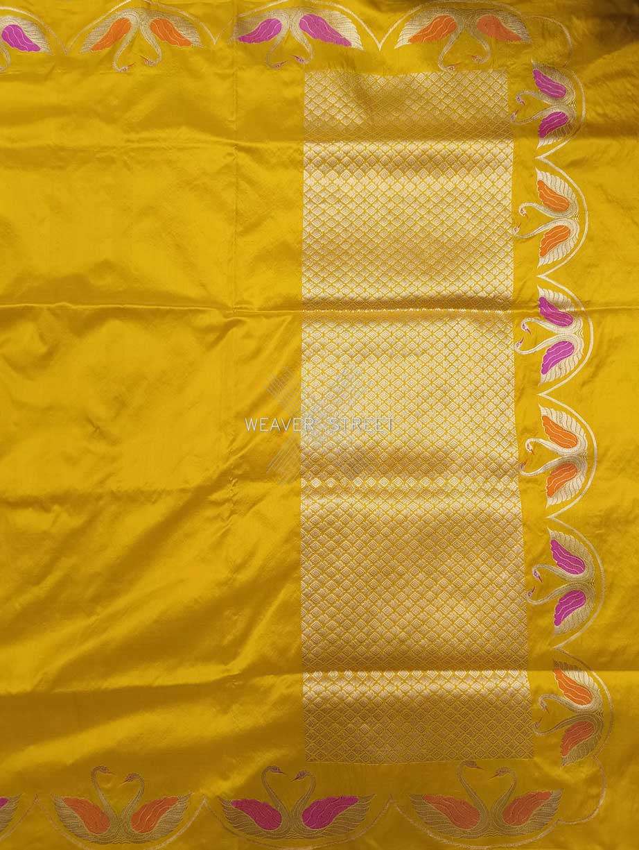 Yellow Katan Silk Handwoven Banarasi saree with Swan pair scallop border 1 main