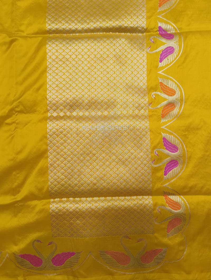 Yellow Katan Silk Handwoven Banarasi saree with Swan pair scallop border 2 pallu
