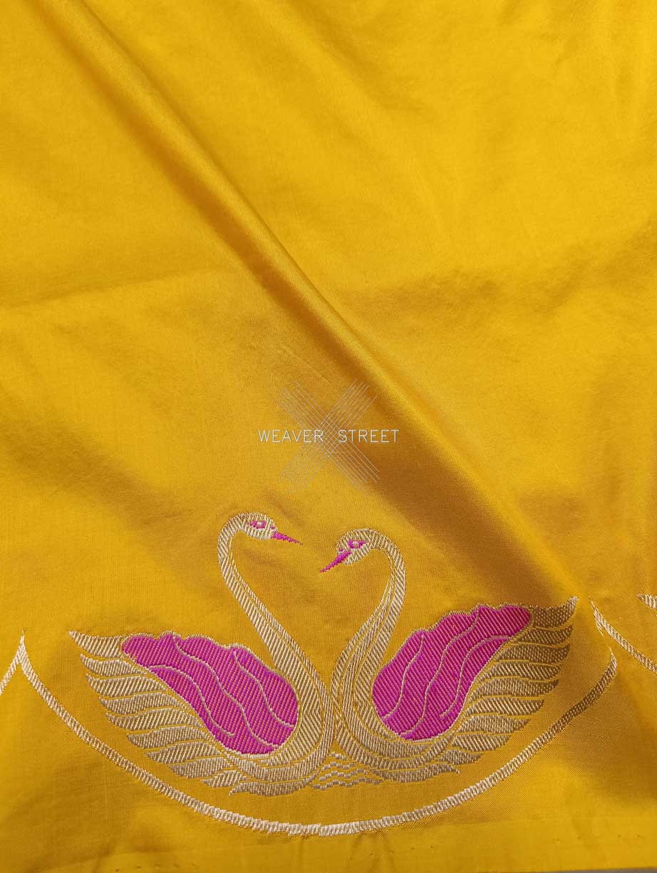 Yellow Katan Silk Handwoven Banarasi saree with Swan pair scallop border 3 closeup