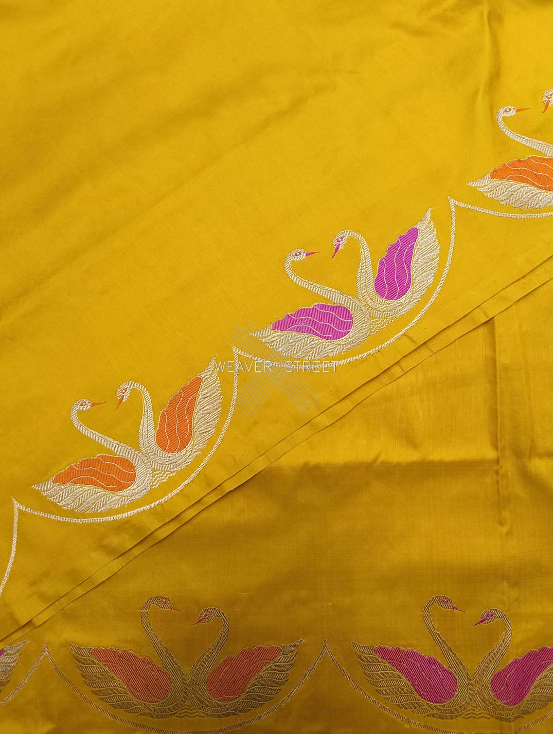 Yellow Katan Silk Handwoven Banarasi saree with Swan pair scallop border 5 details
