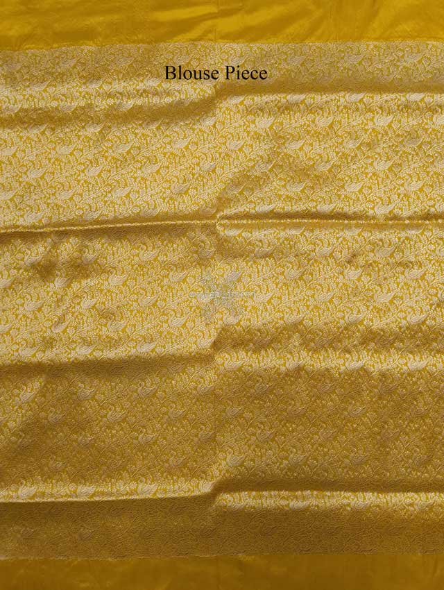 Yellow Katan Silk Handwoven Banarasi saree with Swan pair scallop border 6 blouse piece