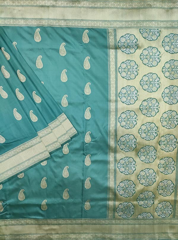 Arctic blue katan silk handloom Banarasi saree with paisley boota (1) main.