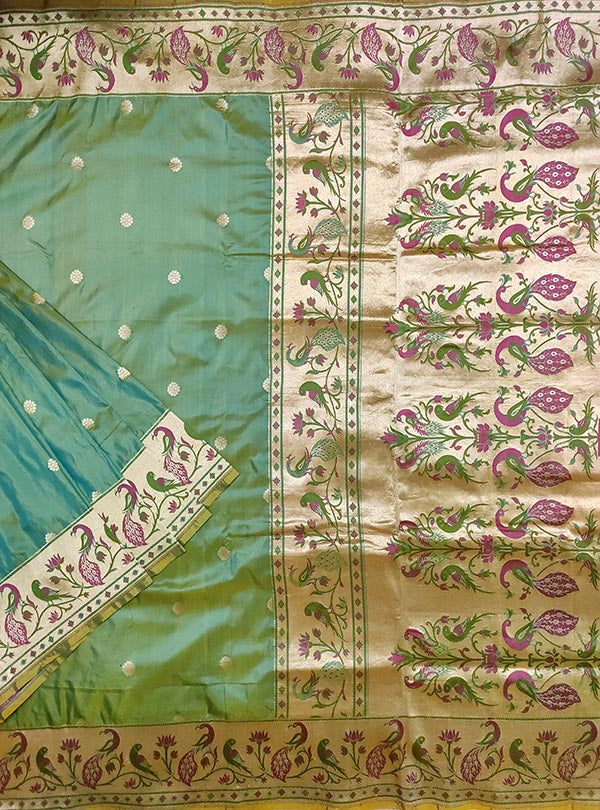 Arctic green Katan silk Handloom Banarasi saree with paithani border (1) main