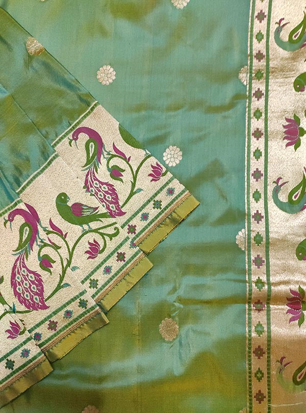 Arctic green Katan silk Handloom Banarasi saree with paithani border (2) close up