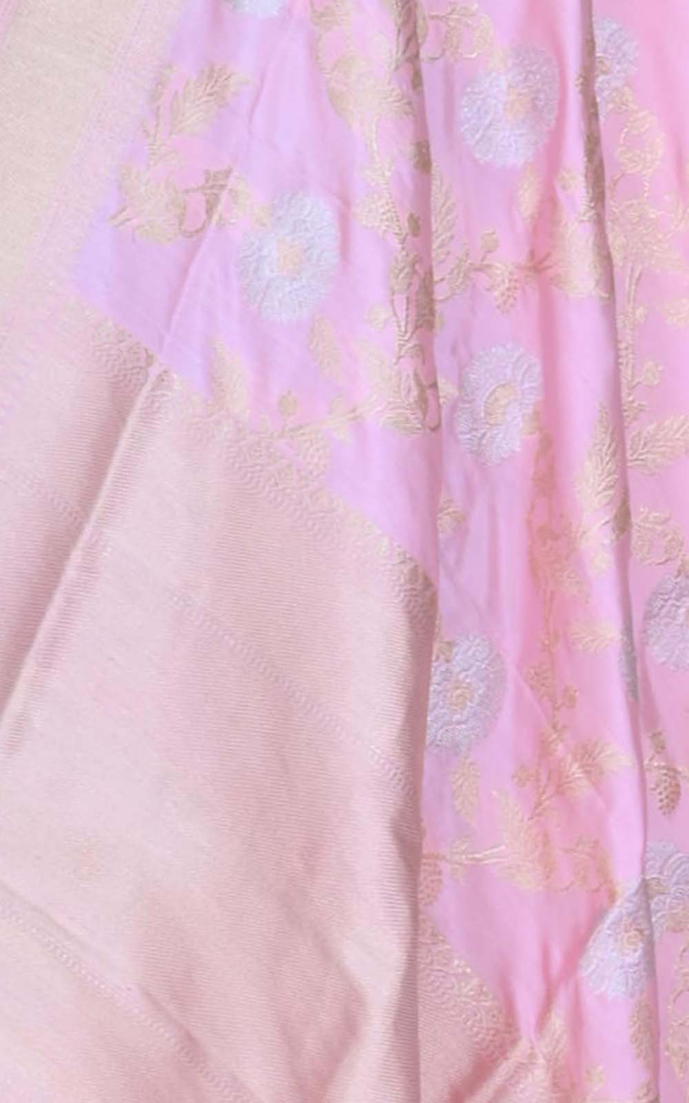 Baby Pink Katan silk handwoven ektara Banarasi dupatta with sona rupa kadwa jangla (2) closeup